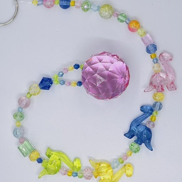 Dinosaur Beaded Suncatcher - Pastel Pink Crystal Prism - Hanging Patio Decor - Picture 3 of 11